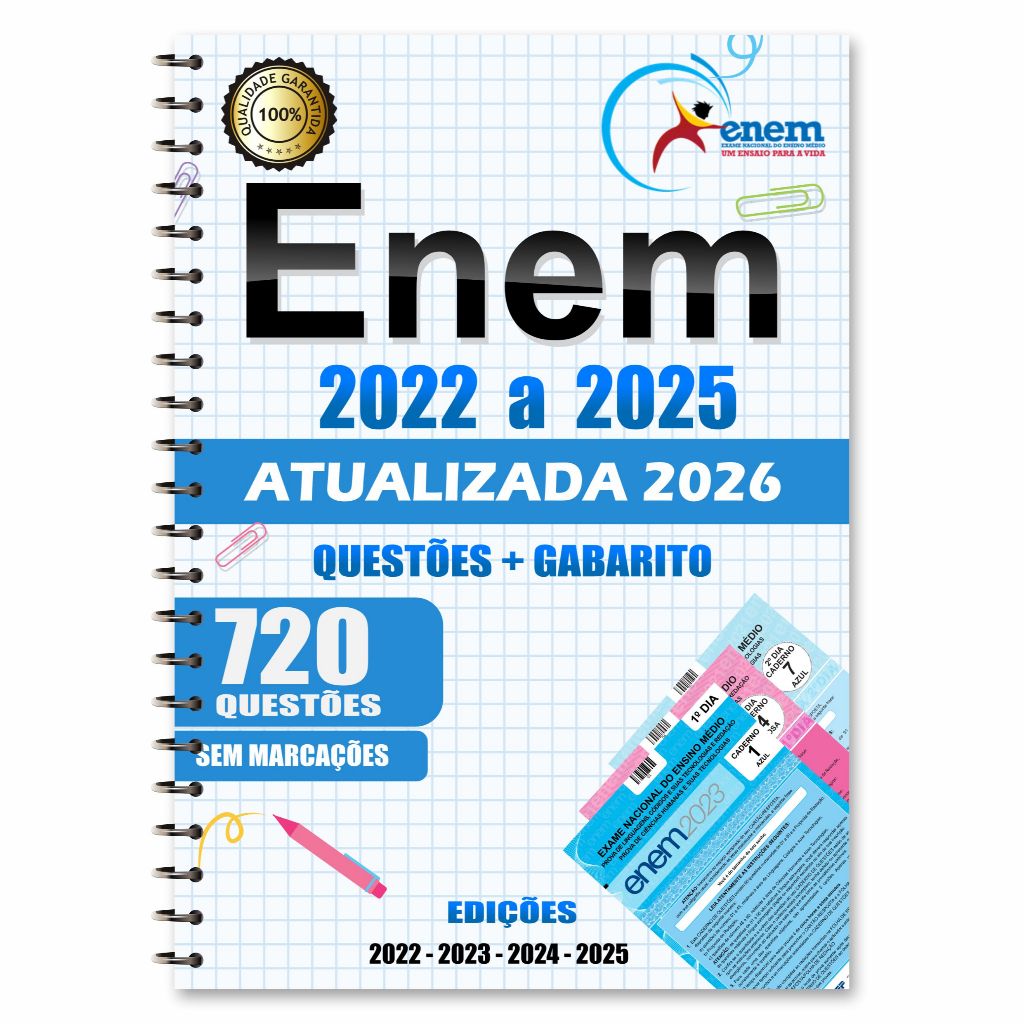 Apostila Enem 2026 Provas Anteriores 2022 a 2025 + Gabarito + Redação + Cartão Resposta
