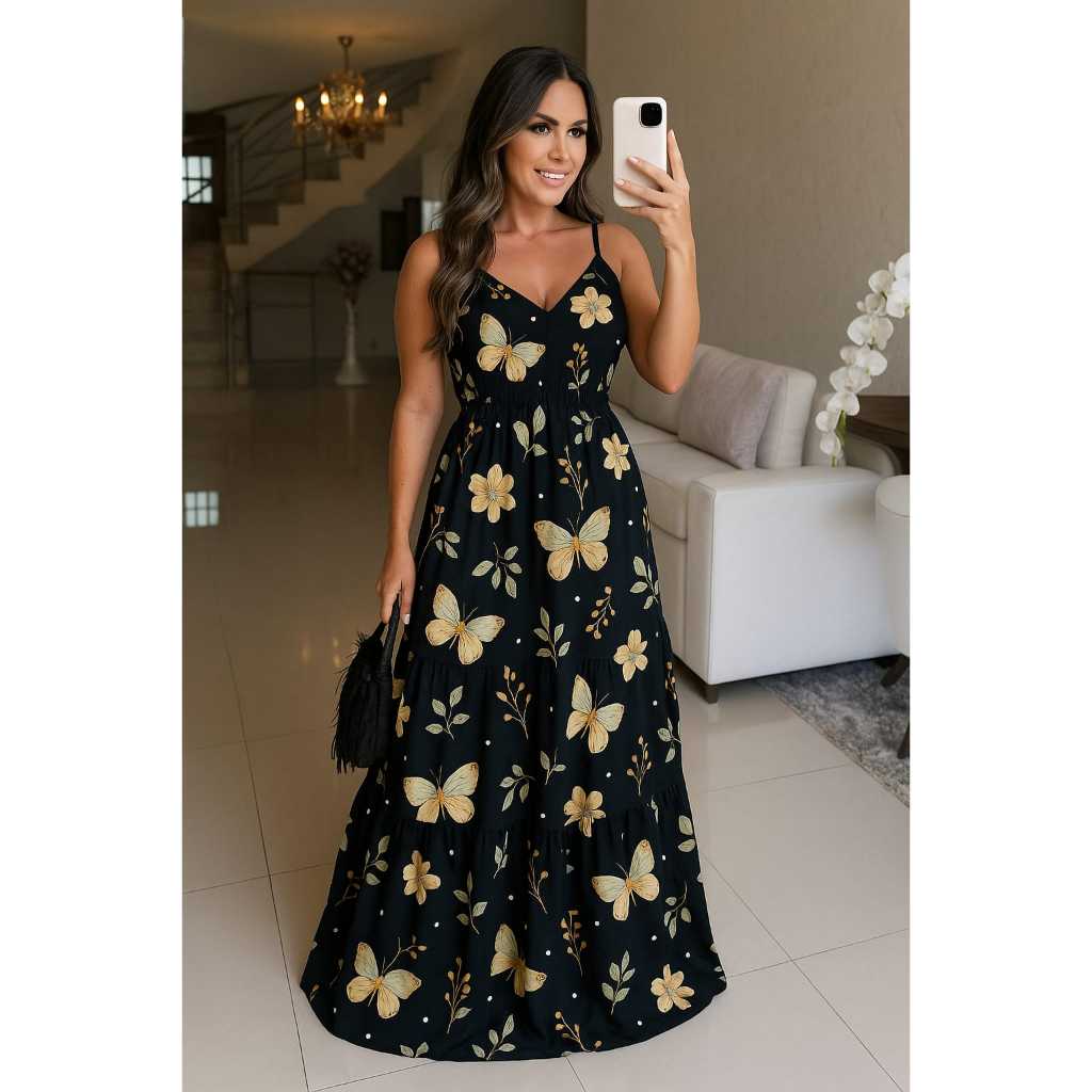 Vestido Longo Feminino Com Bojo Estampado Borboleta Com Elastex em Oferta na Shopee