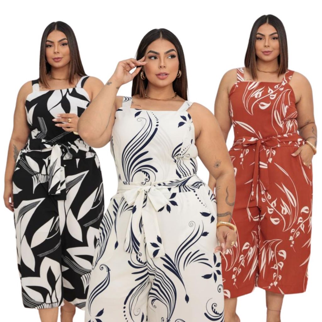 Macacão Jardineira Pantacourt Plus Size Feminino Forrado com Bolso