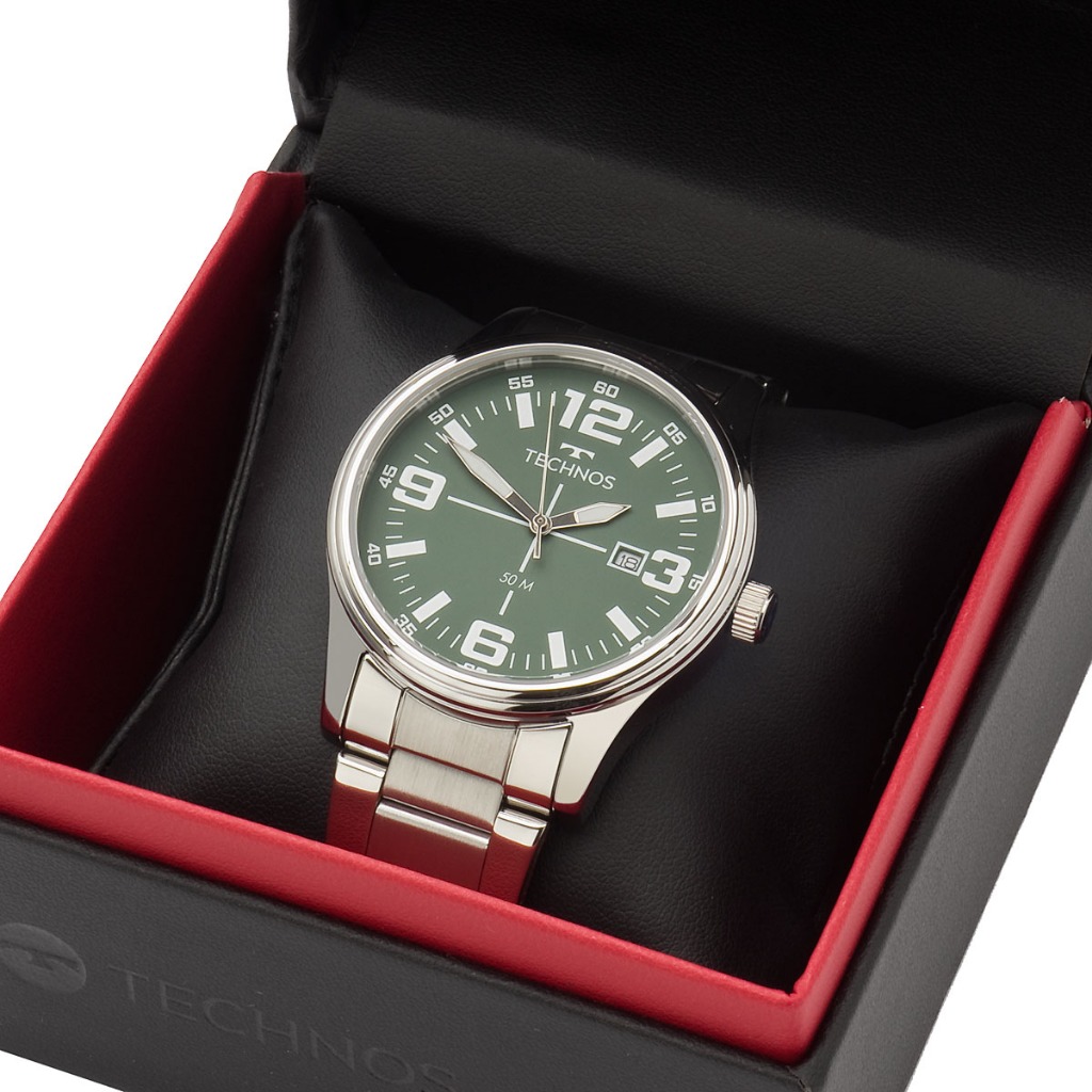 Relogio Masculino Technos Militar Prata Verde  2115UCD/1V