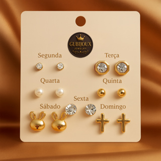 Kit 7 Pares Brincos Semana Inteira Dourados Fofo Coração Pérola | Look Completo em Oferta na Shopee