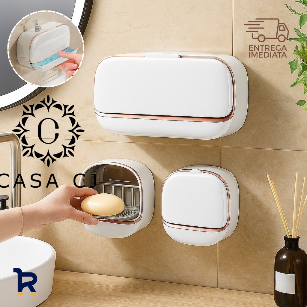 Kit Saboneteira Porta Sabão Duplo com Adesivo para Fixação Parede Banheiro Bandeja Dreno Sabão Seco
