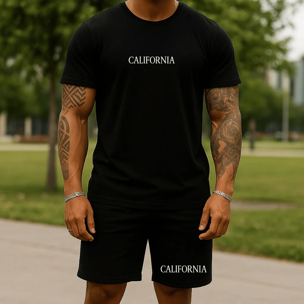 Conjunto Camisa e Bermuda Moletom 100% Algodão Verão Camiseta Blusa Short Estampado California