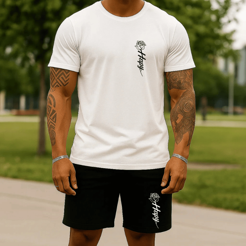 Conjunto Camisa e Bermuda Moletom 100% Algodão Verão Camiseta Blusa Short Estampado Happy Flor