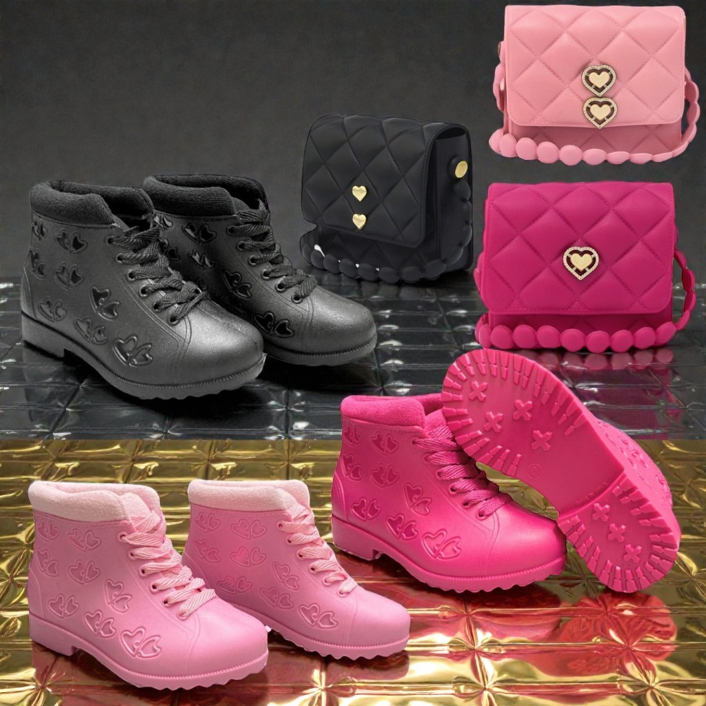 Conjunto Infantil Bota + Bolsinha Coração Feminino | Material Confortável E Impermeável OffAA