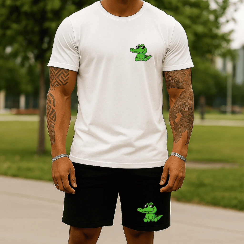 Conjunto Camisa e Bermuda Moletom 100% Algodão Verão Camiseta Blusa Short Estampado Jacaré
