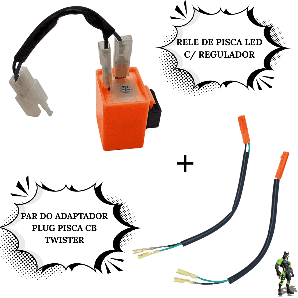 RELE DE PISCA LED UNIVERSAL (2 PINOS) COM REGULADOR + ADAPTADOR PLUG PISCA CB TWISTER