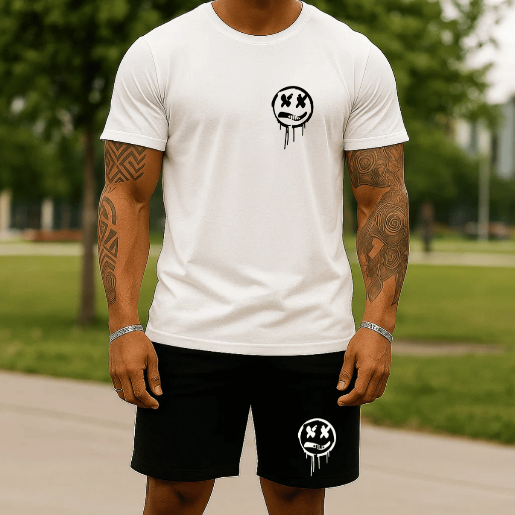Conjunto Camisa e Bermuda Moletom 100% Algodão Verão Camiseta Blusa Short Estampado Rosto Derretido