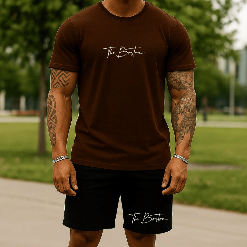 Conjunto Camisa e Bermuda Moletom 100% Algodão Verão Camiseta Blusa Short Estampado Boston