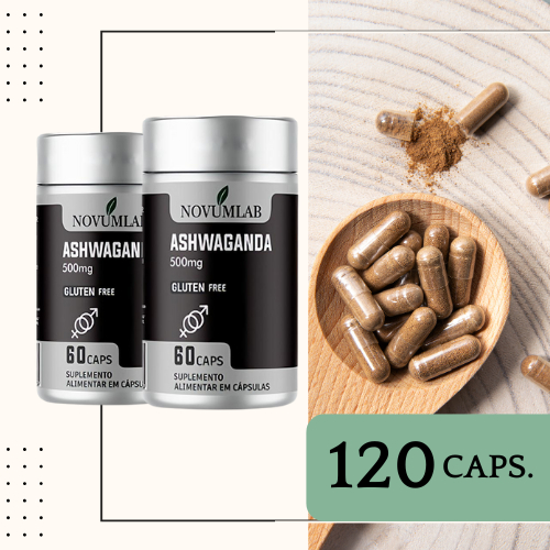Ashwagandha Ginseng Indiano 500mg Combo 2 Potes | 120 Cápsulas Naturais