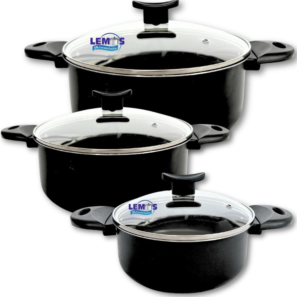 Kit Panelas Caçarolas 3 Peças 16 18 20 ou 20 22 24 cm Antiaderente com Tampa de Vidro Teflon Preto