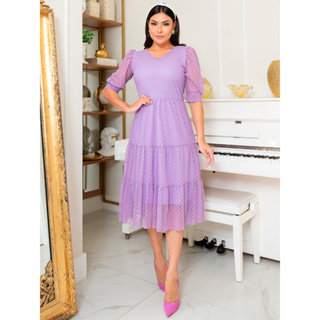 Vestido Midi Tule Bolinha manga 3/4 em Oferta na Shopee