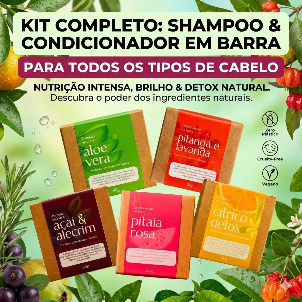 Kit Capilar Cabelos Secos Oleosos Danificados Shampoo e Condicionador em Barra - Anticaspa Antiqueda Detox Nutrição