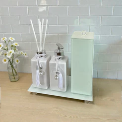 Kit Lavabo Banheiro Vidro Branco Com Porta Escova Bandeja Difusor De Ambiente Saboneteira