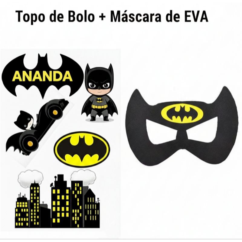 Kit TOPO DE BOLO BATMAN com uma máscara do Batman em Eva PERSONALIZADO COM NOME E IDADE envio imediato