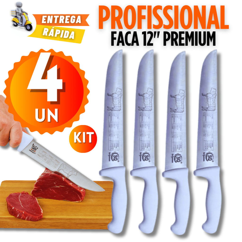 KIT 4 / 3 / 2 / 1 Unidades Faca de Açougueiro Profissional Carne Churrasco 12'' Polegadas Premium Utilidades Variáveis