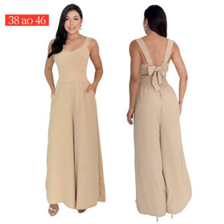 Macacão Elegante Feminino Festa Crepe Duna Com Bojo Bolso Elástico na Cintura Amarração 38 ao 46 em Oferta na Shopee