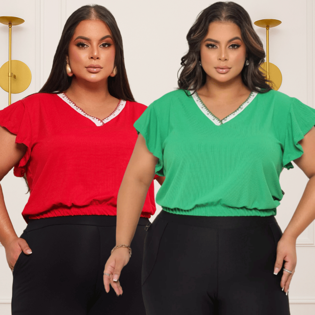Kit 2 Blusa Cropped Plus Size Canelado Premium Elegante com Detalhe na gola
