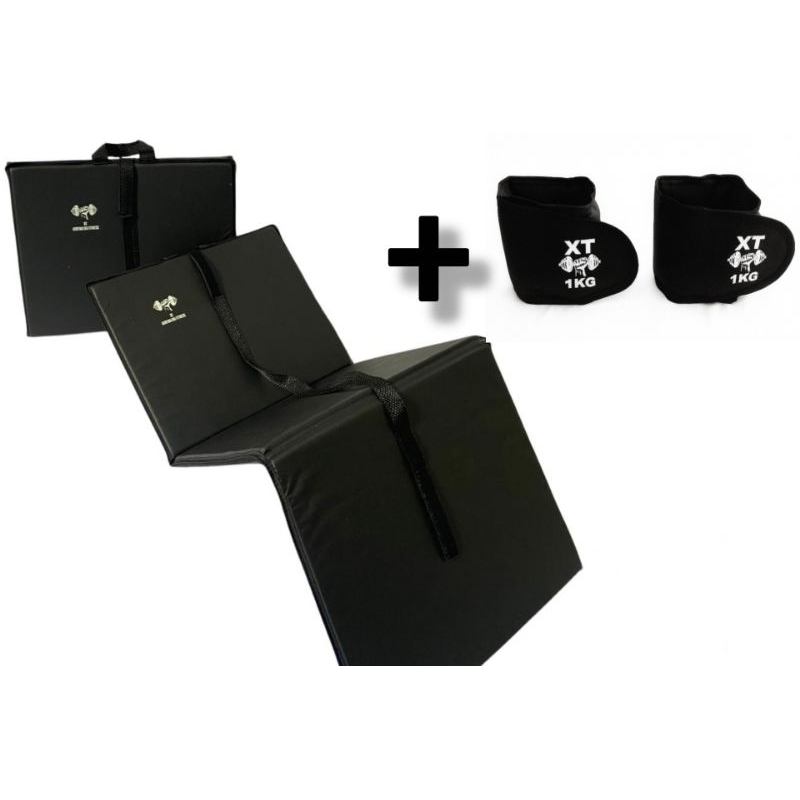 kit Colchonete Dobrável Maleta Fitness Academia + Par de Caneleira Musculação Fitness Tornozeleira Preto 1kg D50