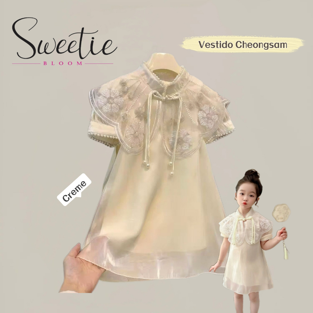 【SWEETIE BLOOM】Vestido de Princesa Infantil, Estilo Oriental com Bordado à Mão em Organdi Cor Cremé para 2 a 9 Anos em Oferta na Shopee