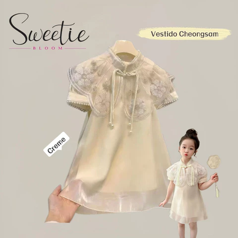 【SWEETIE BLOOM】Vestido de Princesa Infantil, Estilo Oriental com Bordado à Mão em Organdi Cor Cremé para 2 a 9 Anos