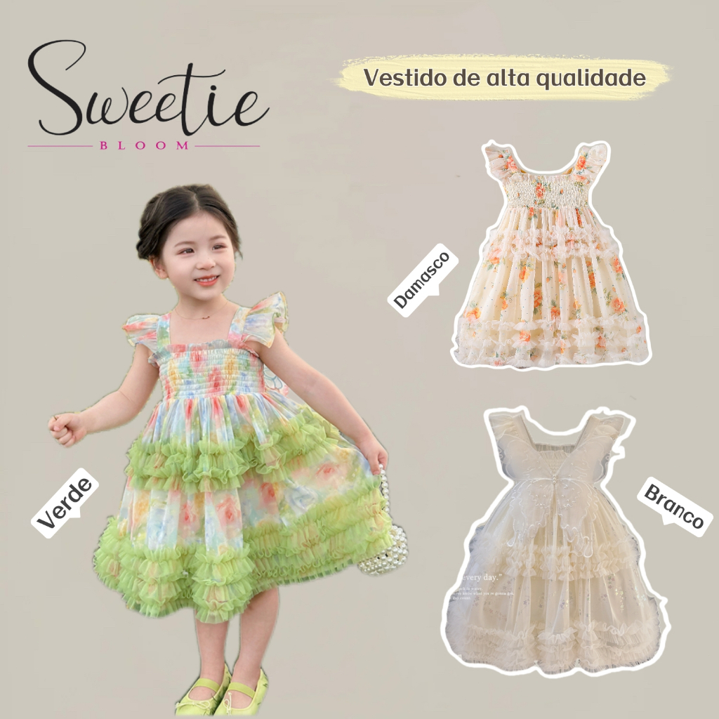 【SWEETIE BLOOM】Vestido Infantil Fresco de Tule Floral em Cores Pastéis para o Dia a Dia em Oferta na Shopee