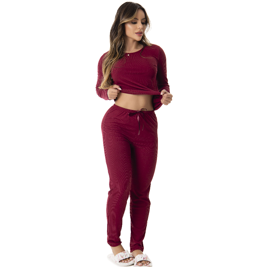 Conjunto Pijama Feminino Longo de Inverno Canelado Manga Longa Confortável e Quentinho