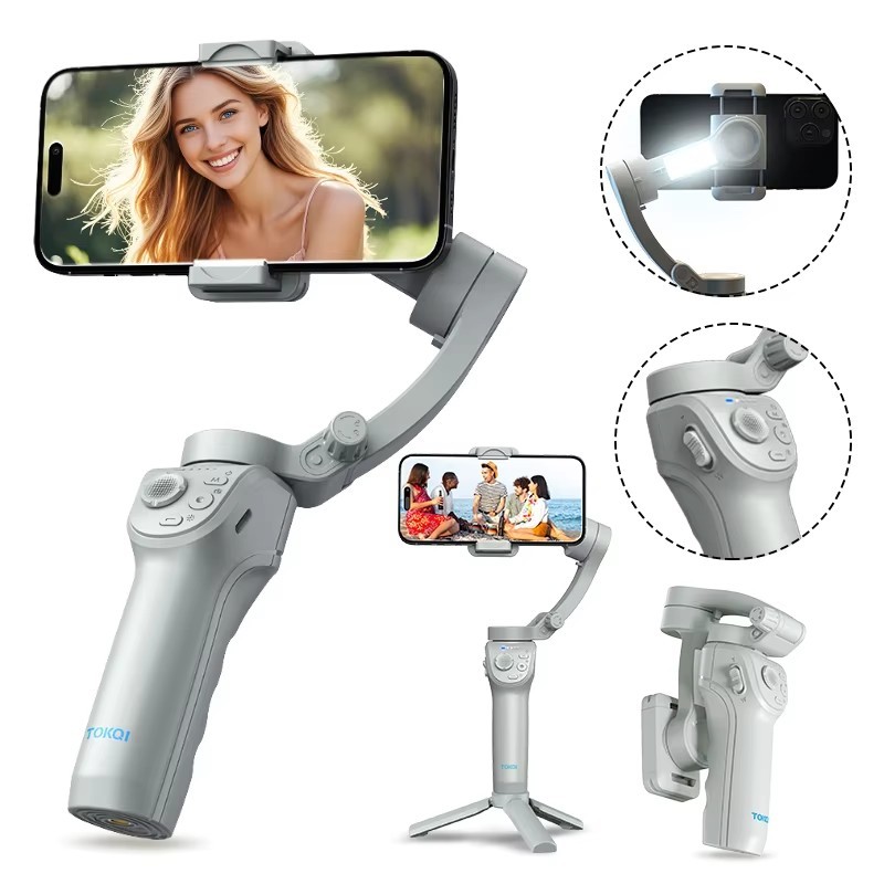 Estabilizador Gimbal Portátil de 3 Eixos para iPhone/Android com Luz de Preenchimento Ajustável e Tripé para Vlogging em Oferta na Shopee