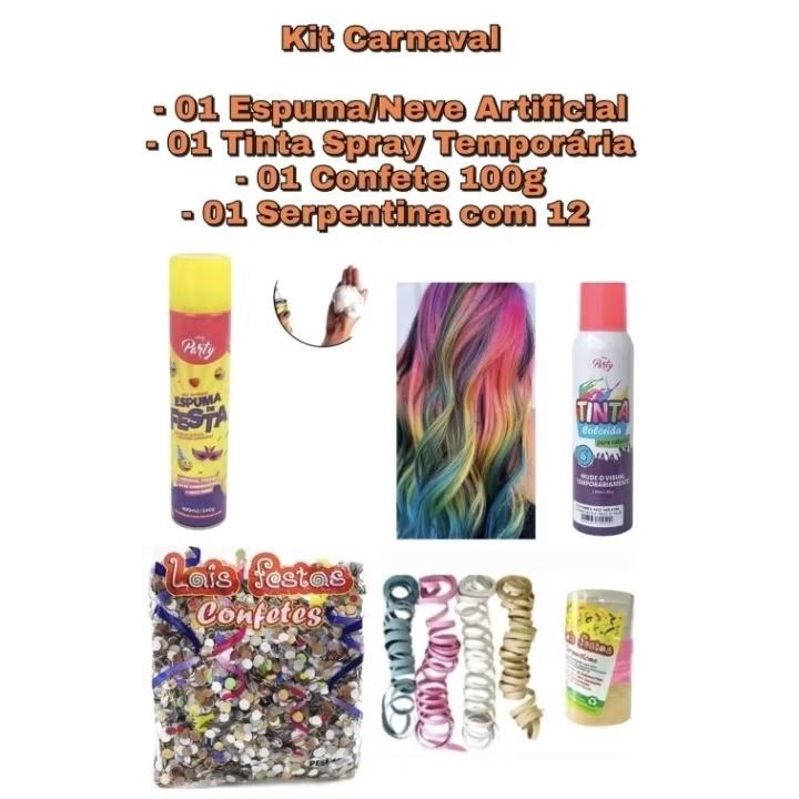 Kit Carnaval Espuma, Tinta Temporária, Confete e Serpentina