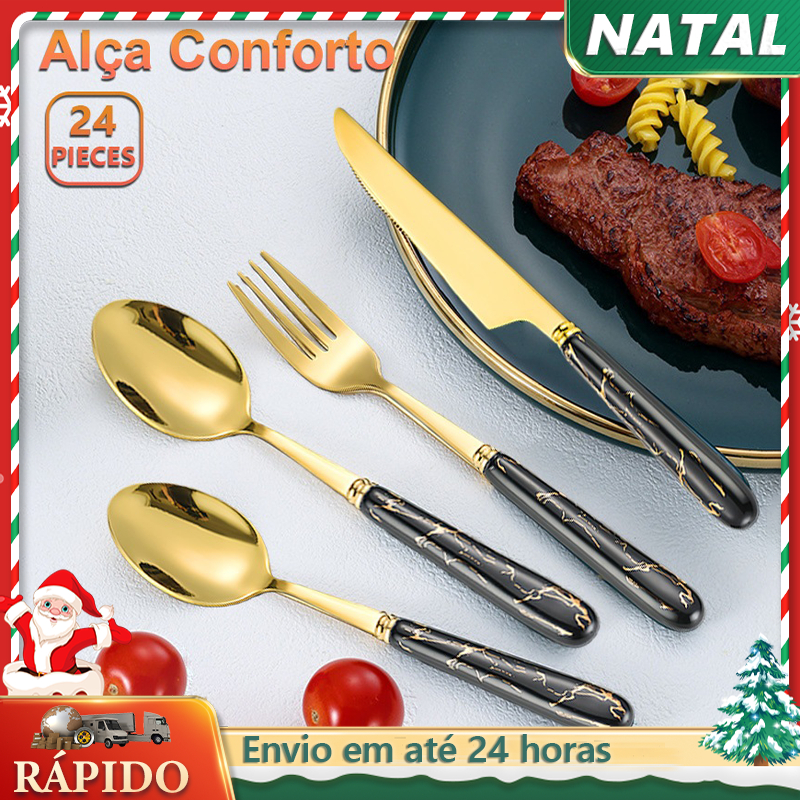 Jogo de talheres Aço Inoxidável 24 pcs,Mármore Cerâmico Light Luxury Style Cabo,à prova de ferrugem