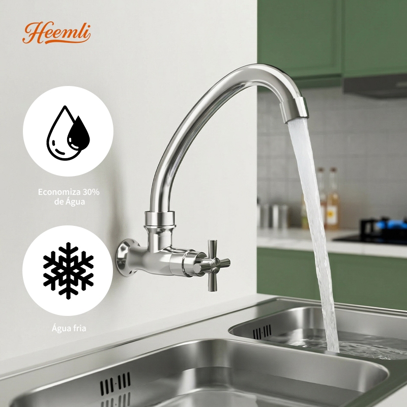Heemli Torneira Cozinha Monocomando para Parede com Tubo Curvo - Água Fria, ABS, Cromado e Aerador Economizador em Oferta na Shopee