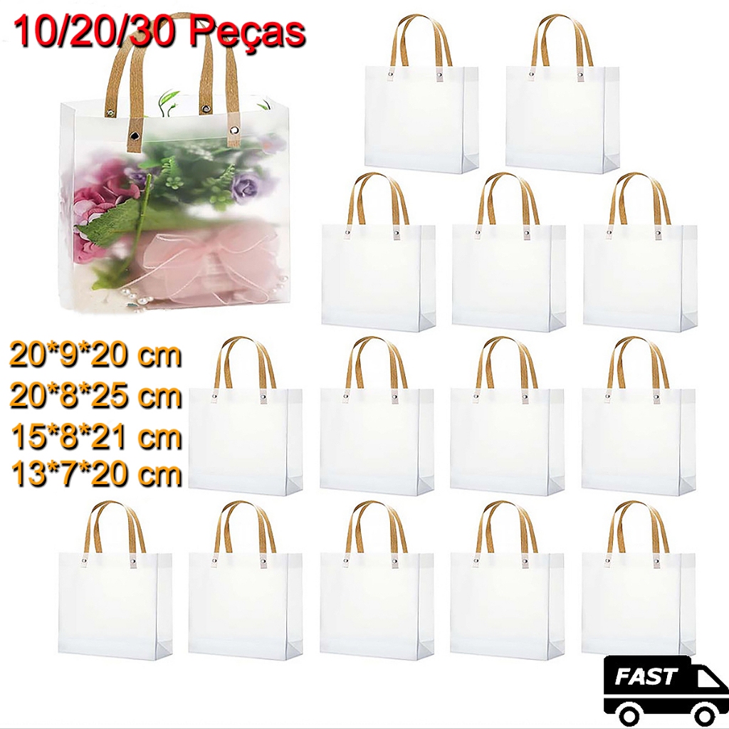 10/20/30 Sacola Transparente Fosca Reforçada de PP com Alça de Fibra Plásticas Reutilizáveis Saco de Compras