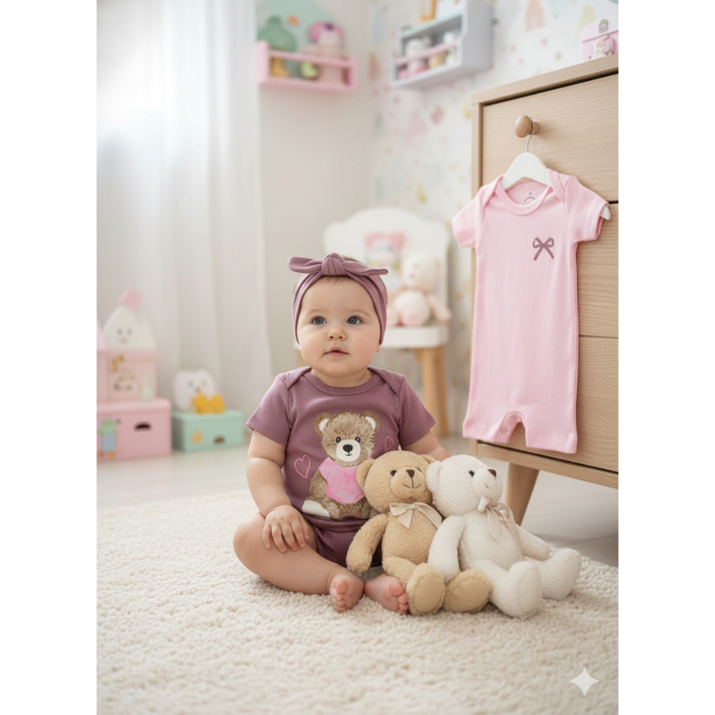 Kit 2 Macacão Bebê Menina Suedine Ursinho Coração