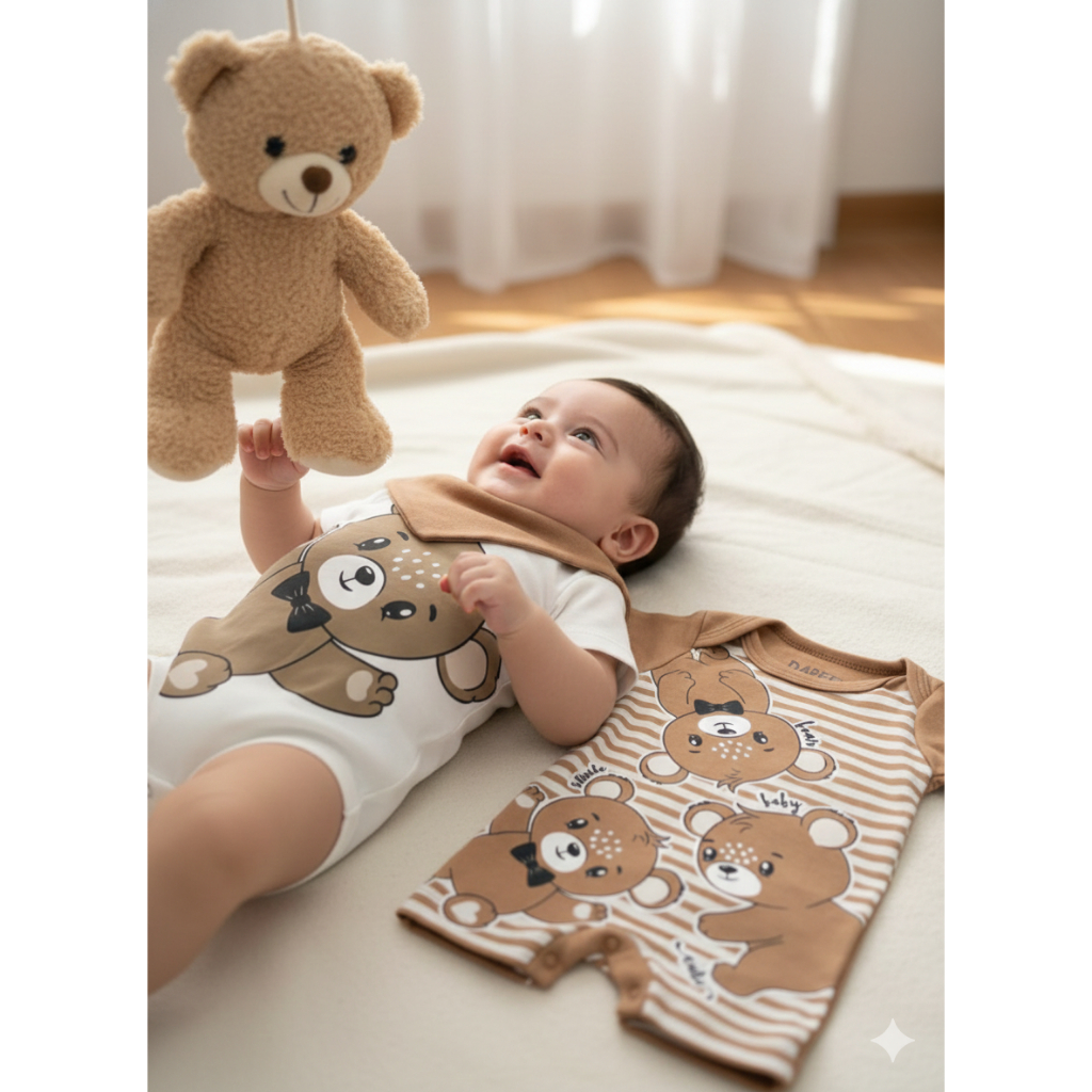 Kit Macacão Bebê Menino Suedine Trio de Ursinhos