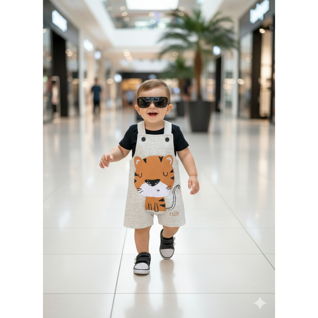 Conjunto Jardineira Bebê Menino Suedine Tigrinho