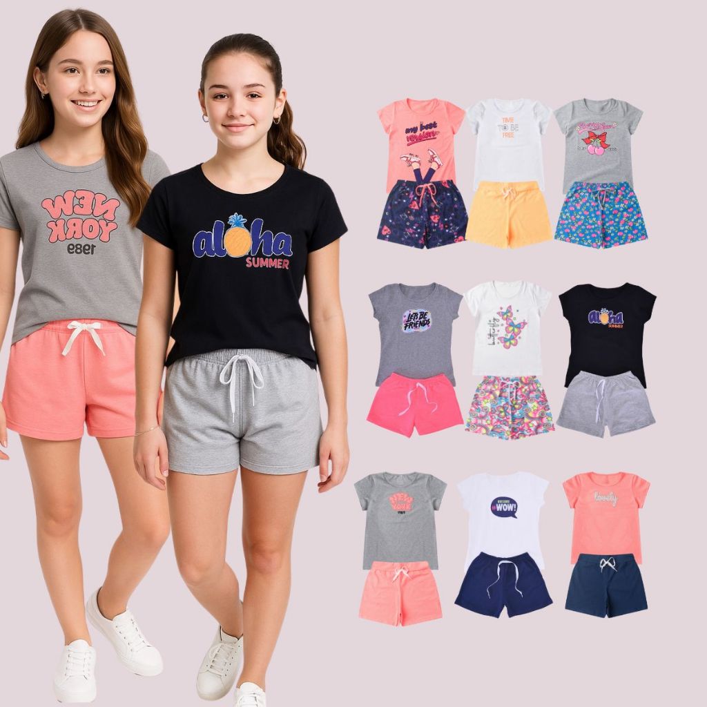 Kit  Conjunto 10 a 16 Infantil Menina Juvenil 6 peças Blogueirinha Shorts Blusa Roupa Feminino Verão em Oferta na Shopee