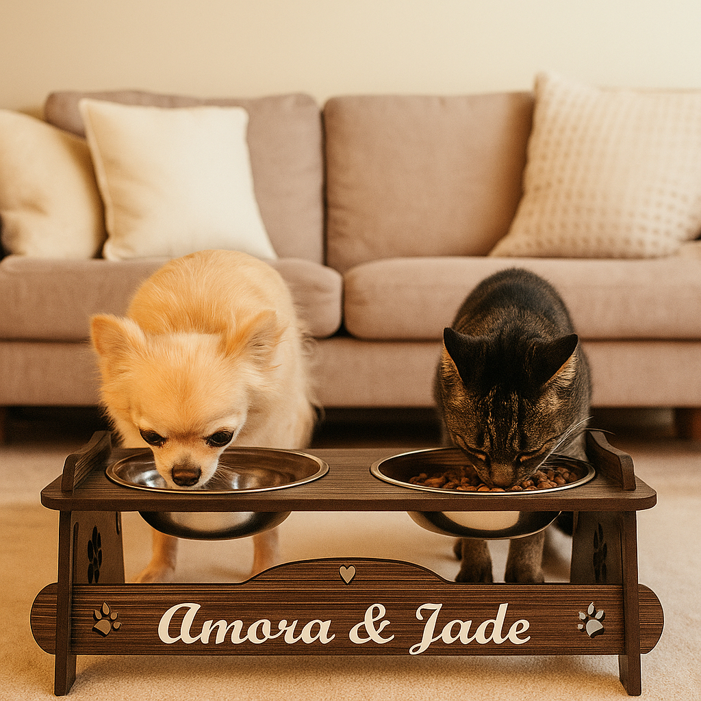 Comedouro PERSONALIZADO Elevado Com TAMPAS Pet Cão/Gato Duplo Pet