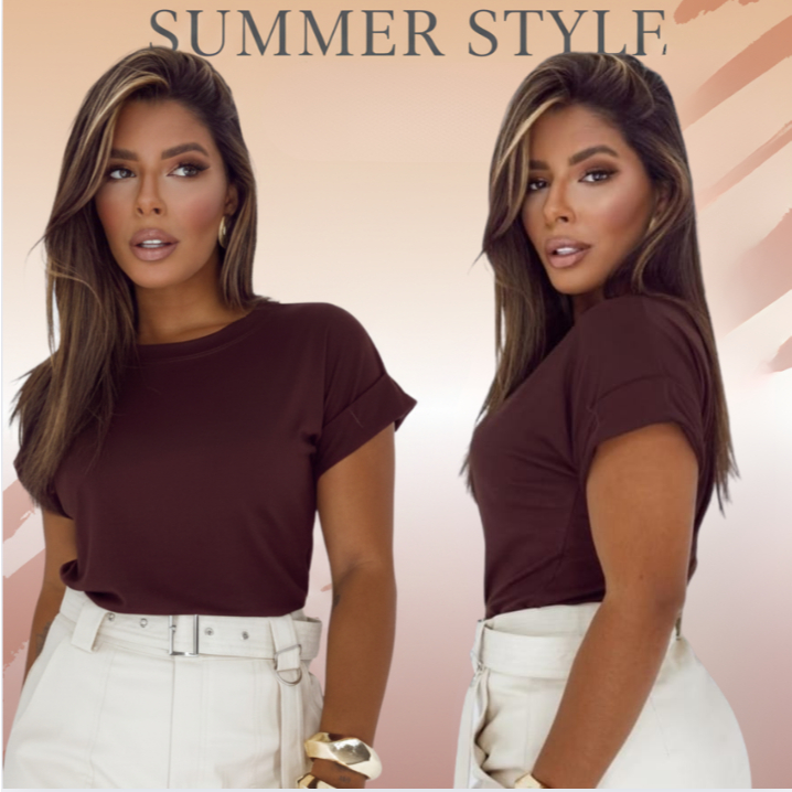 Blusa Camiseta Básica T-shirt Listrada e Lisa Feminina Tendencia 2026 Manga Japonesa Dobrada  Moderna Cor Branco