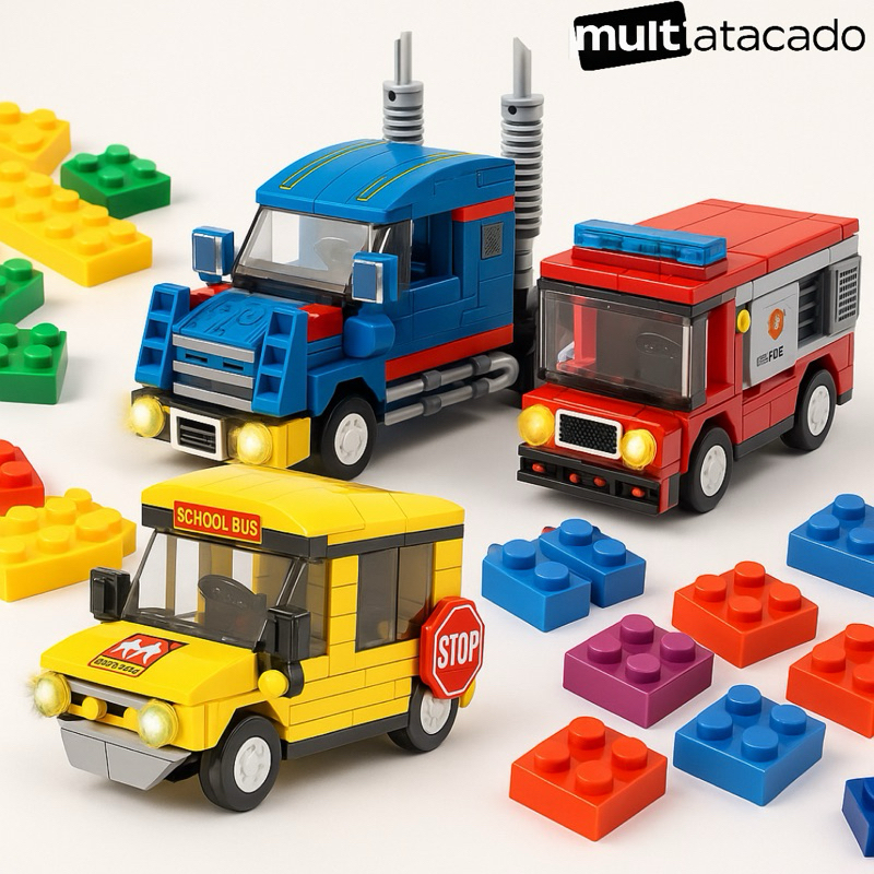 Brinquedo kit com até 1,2,3,4 Veículos Caminhões Ônibus Ambulância Carrinho  Blocos de Montar Criança Presente