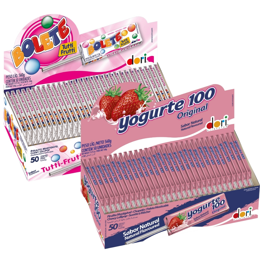 Kit 100 Pirulitos Mastigáveis Bolete Tutti Frutti + Iogurte de Morango 2 caixas C/50 unidades cada