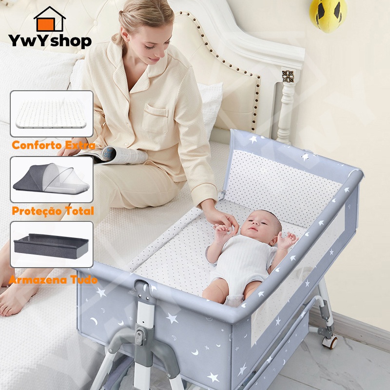 Berço Portátil Balanço Bebê c/ Altura Ajustável, Mosquiteiro, Cesto e Suporte 50kg – 0–3 Anos P18