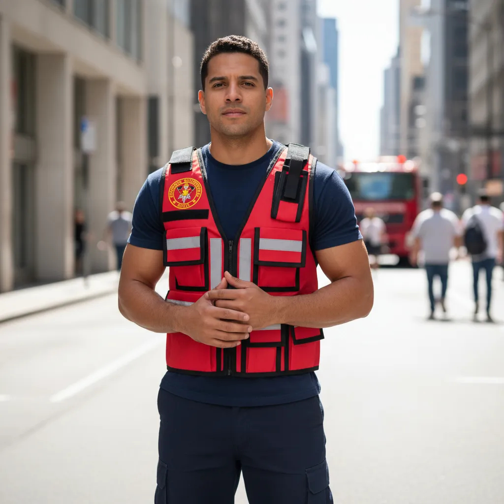 Colete Funcional Vermelho com Bordados Bombeiro Civil + Bordado Socorrista