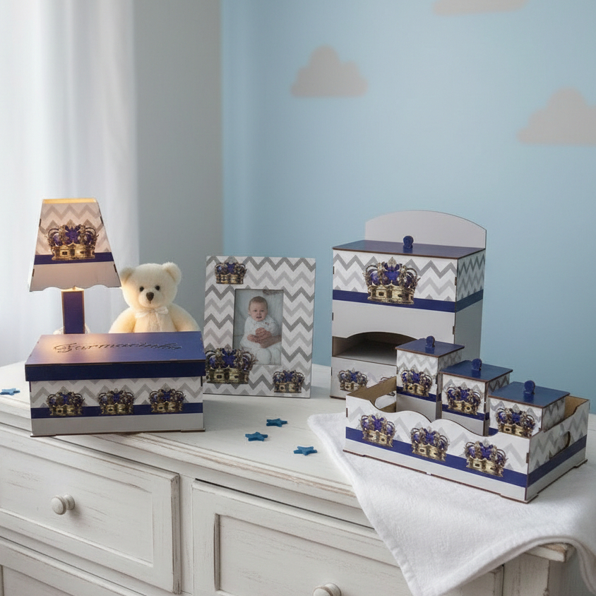 Kit Higiene Bebê Madeira Mdf Decoração Coroa Azul Organizador Maternidade Quarto Menino