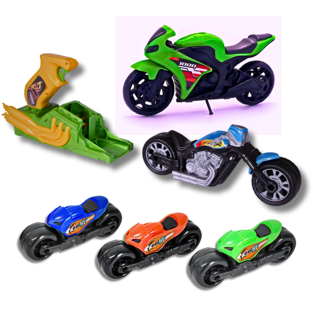 Kit De Motos de Brinquedo e Lançador – Motos de Corrida - Moto Estilo Harley - Mini Motinho Presente Menino