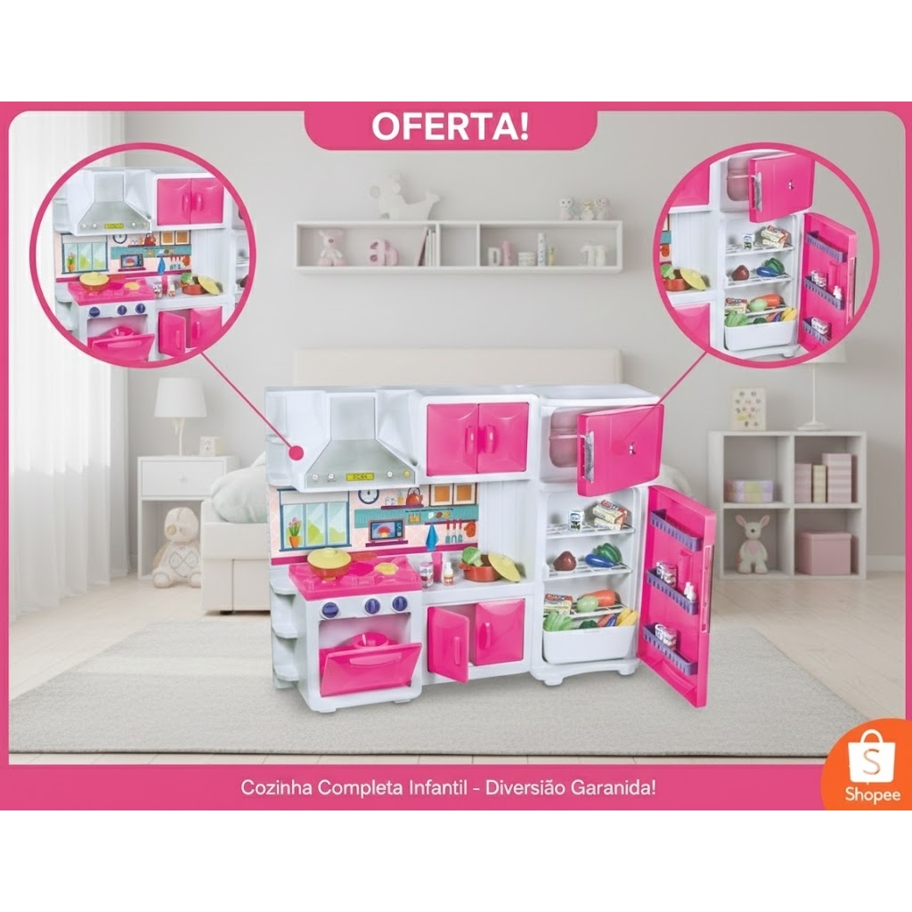 Cozinha Infantil Brinquedo Completa Geladeira Armario Fogao Coifa Rosa Panelinhas Educativo