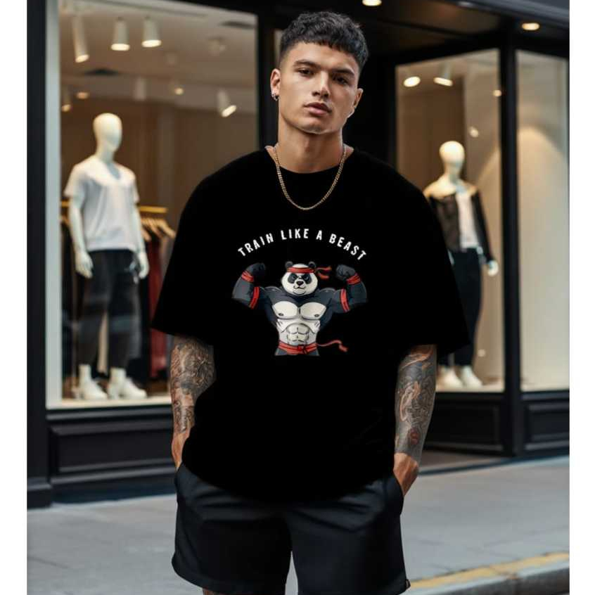 Camiseta Oversized Masculina Streetwear Estampa Panda Maromba Academia Algodão Penteado Fio 30.1