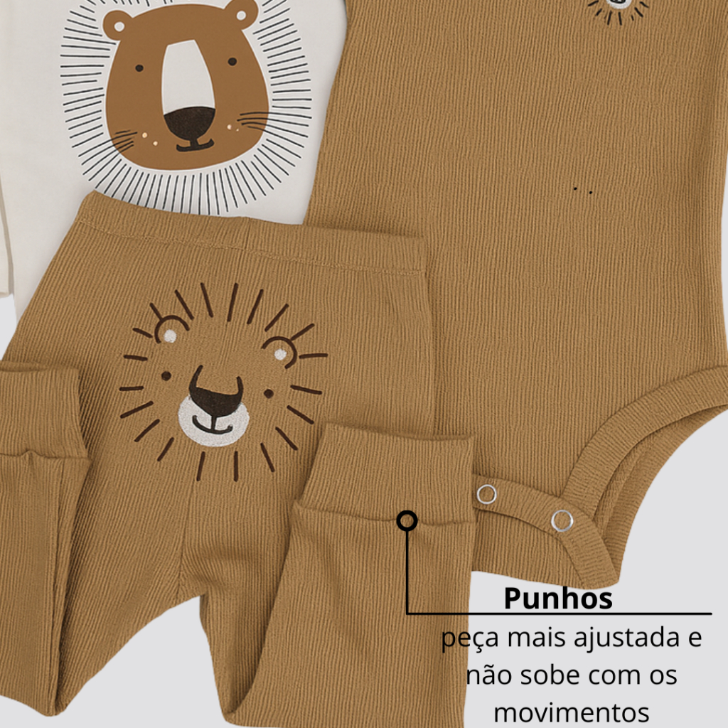 Kit 3 Peças Body e Calça Bebê Algodão com Estampa e Bordados Protegidos Manga Longa e Curta