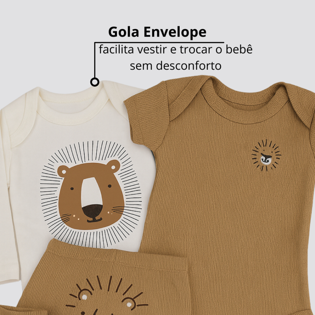 Kit Body e Calça Bebê Algodão Premium – Bordado com Proteção, Manga Longa e Curta