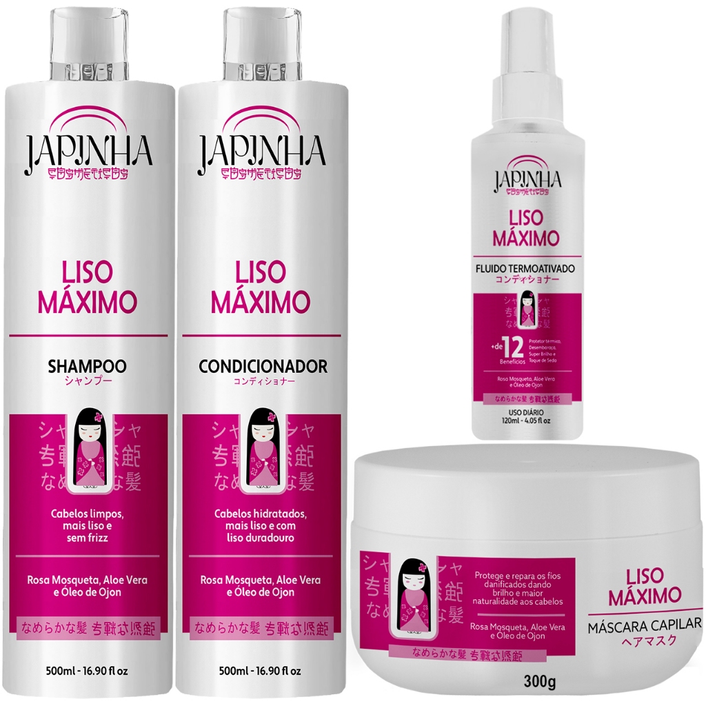 Kit completo 4 itens Japinha Liso Máximo | Shampoo, Condicionador, Máscara