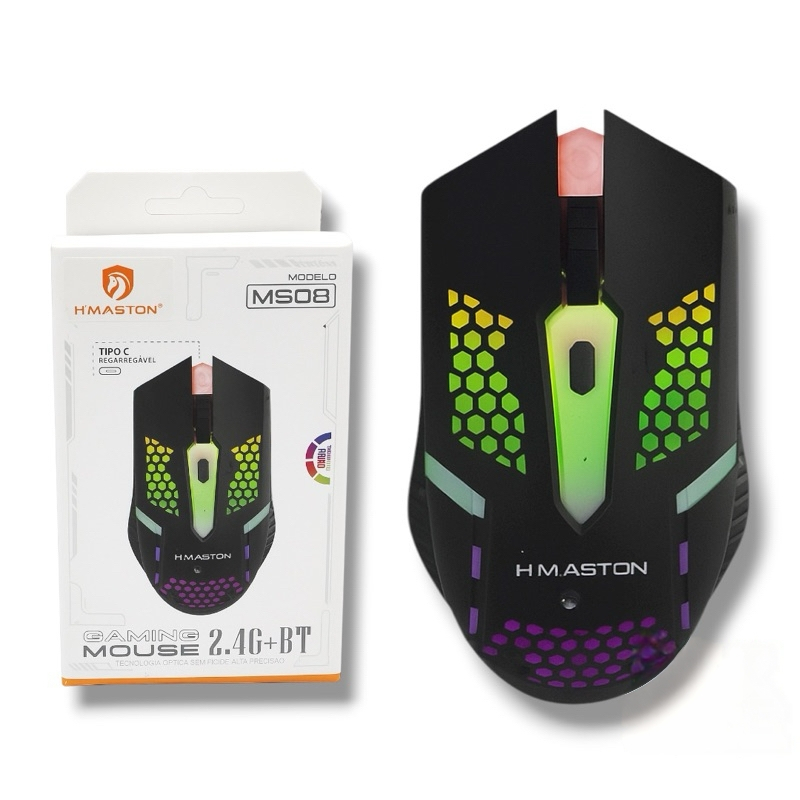 Mouse Sem Fio Gamer H’Maston MS08 2.4G + Bluetooth RGB Recarregável Tipo-C Alta Precisão 1600 DPI